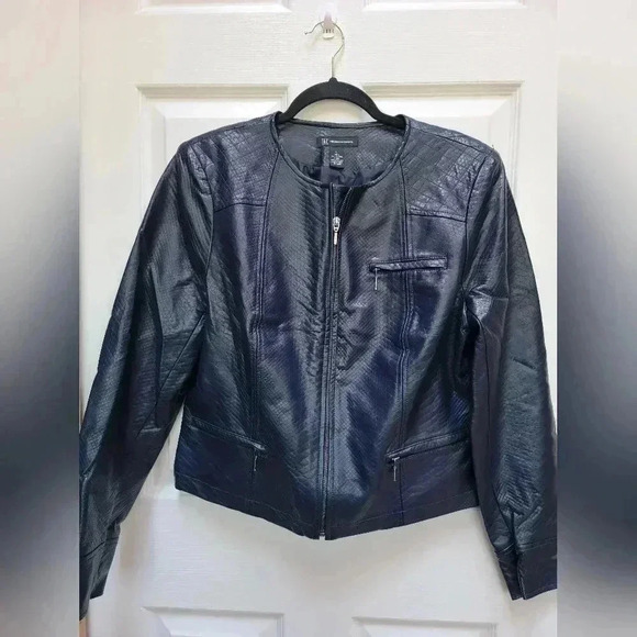 INC International Concepts Navy Blue Faux Leather Coat Size Large - Picture 1 of 4